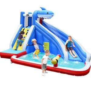 bountech inflatable water slide, shark themed waterslide park for kids backyard outdoor fun w/long slide, climbing, splashing pool, blow up water slides inflatables for kids and adults party gifts