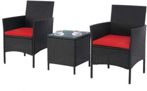 solaura 3-piece patio bistro set black wicker outdoor furniture patio chairs with glass-top coffee table (red cushion)