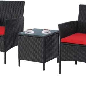 SOLAURA 3-Piece Patio Bistro Set Black Wicker Outdoor Furniture Patio Chairs with Glass-top Coffee Table (Red Cushion)