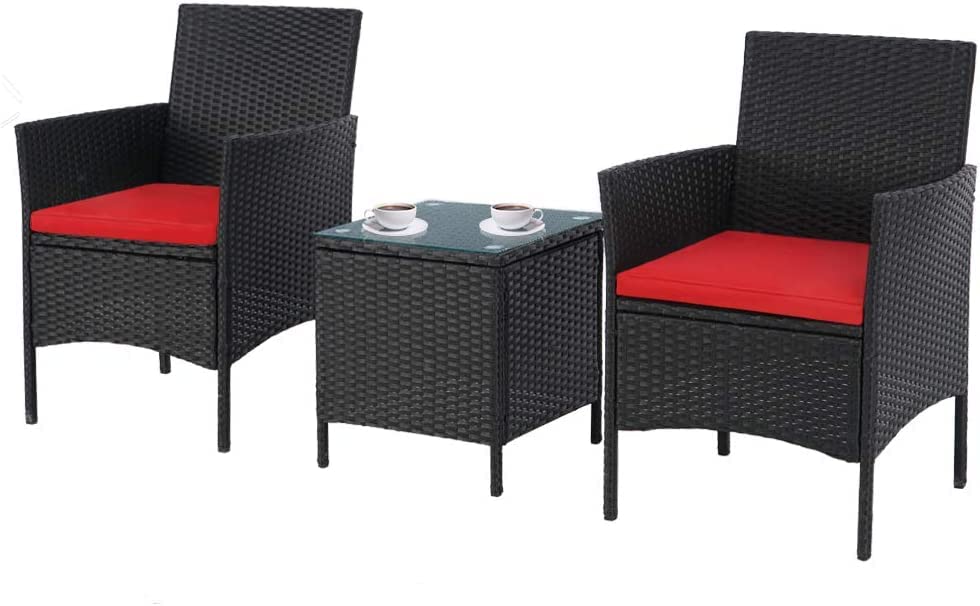 SOLAURA 3-Piece Patio Bistro Set Black Wicker Outdoor Furniture Patio Chairs with Glass-top Coffee Table (Red Cushion)