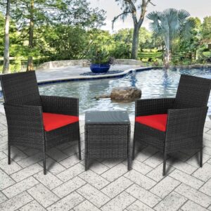 SOLAURA 3-Piece Patio Bistro Set Black Wicker Outdoor Furniture Patio Chairs with Glass-top Coffee Table (Red Cushion)