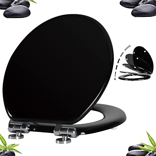 Angel Shield Toilet Seat with Zinc Alloy Hinges Quiet-Close Quick-Release Wood Molded UV Lid Easy Clean(Round,Black)