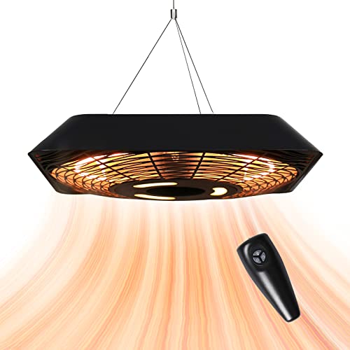 Star Patio Electric Patio Heater, Outdoor Heater with Remote and Touch Switch, 750W/1500W Infrared Heater with SQUARE SHAPE Black Finish, Modern Hanging Heater, IP45 Waterproof, STP1568-RMLED-SQ