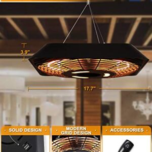 Star Patio Electric Patio Heater, Outdoor Heater with Remote and Touch Switch, 750W/1500W Infrared Heater with SQUARE SHAPE Black Finish, Modern Hanging Heater, IP45 Waterproof, STP1568-RMLED-SQ