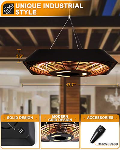 Star Patio Electric Patio Heater, Outdoor Heater with Remote and Touch Switch, 750W/1500W Infrared Heater with SQUARE SHAPE Black Finish, Modern Hanging Heater, IP45 Waterproof, STP1568-RMLED-SQ