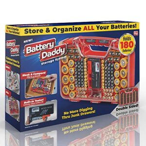 ontel battery daddy - battery organizer storage case with tester, stores & protects up to 180 batteries, clear locking lid, as seen on tv