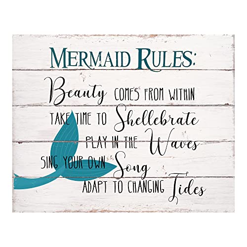 Mermaid Rules - Inspirational Beach Wall Art, Distressed Wood Design Ocean Wall Decor Print, Ideal Wall Decor For Home Decor, Bedroom Wall Art, Great House Decor, Office Decor, Unframed - 10x8