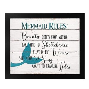 Mermaid Rules - Inspirational Beach Wall Art, Distressed Wood Design Ocean Wall Decor Print, Ideal Wall Decor For Home Decor, Bedroom Wall Art, Great House Decor, Office Decor, Unframed - 10x8