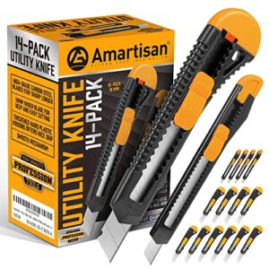 amartisan 14-piece retractable box cutter, utility knifes for boxes, cartons, cardboard cutting, 18mm & 9mm wide blade cutter, very suitable for office and home use.