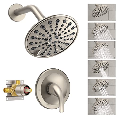 Brushed Nickel Shower Faucet Set, EMBATHER Shower Fixtures with 6 Inch Rainfall Shower Head, Single Handle Control Shower Valve and Trim Kit