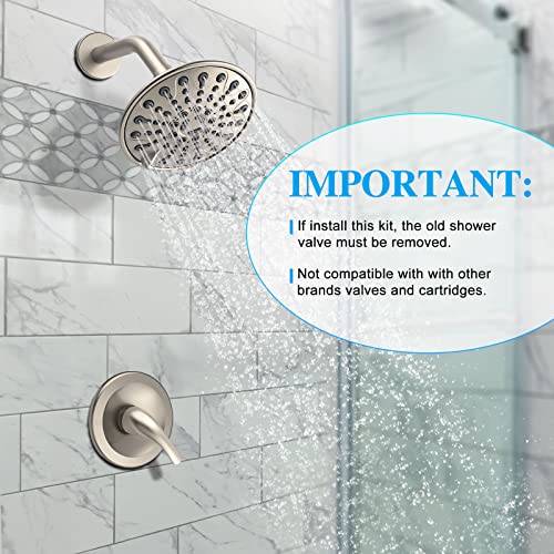 Brushed Nickel Shower Faucet Set, EMBATHER Shower Fixtures with 6 Inch Rainfall Shower Head, Single Handle Control Shower Valve and Trim Kit