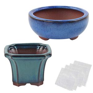happy bonsai 4" small glazed pots, value set of 2 + 4 soft mesh drainage screens