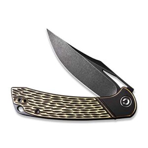 CIVIVI Dogma Pocket knife, Black Stonewashed D2 Blade, Brass Handle, Liner Lock, Ball Bearings Pivot,Flipper Opening Utility Knife with Reversible Deep Carry Pocket Clip C2005E