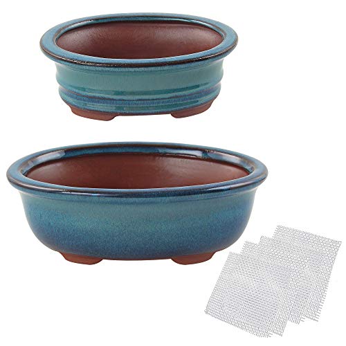 Happy Bonsai 6" 7" Glazed Pots, Value Set of 2 + 4 Soft Mesh Drainage Screens