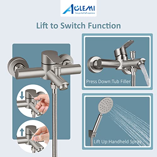 Aolemi Brushed Nickel Bathtub Faucet Wall Mount Only Tub Filler with Handheld Sprayer 6 Inch Centre Single Handle Shower Mixer Taps SUS304 Stainless Steel for Bathroom