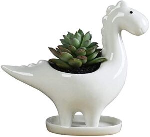 hica ceramic plant pot dinosaur shaped with tray white creative flower pot for succulents plants multipurpose vase home garden decor (white)