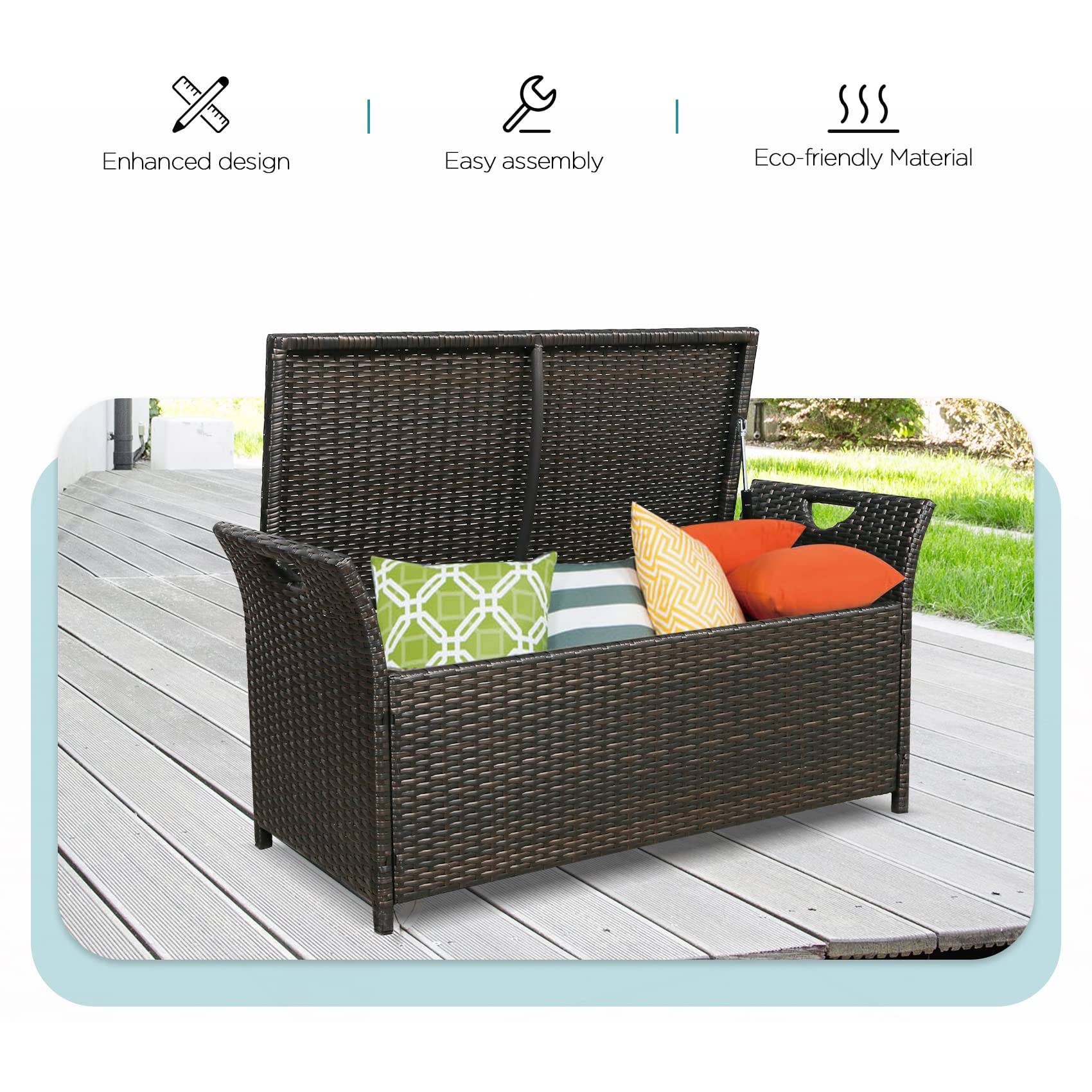 Ulax Furniture Outdoor Storage Bench, Deck Box for Patio Furniture, Rattan Style Deck Box w/Cushion (Beige)