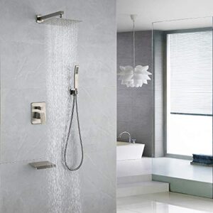 DMDMBATH Shower System Brushed Nickel Shower Faucet Set 3-Function Bathroom Shower Fixtures with Waterfall Tub Spout Wall Mount 10 inch Rain Shower Head (Brushed Nickel)…