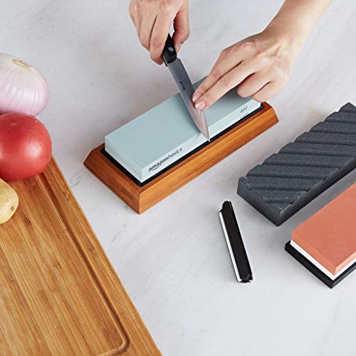 Amazon Basics Whetstone Knife Sharpening Wet Stone Dual Sided 400/1000 and 3000/8000 Grit Stones, Flattening Stone, and Non-Slip 3-PC, Bamboo Base, Black & Grey