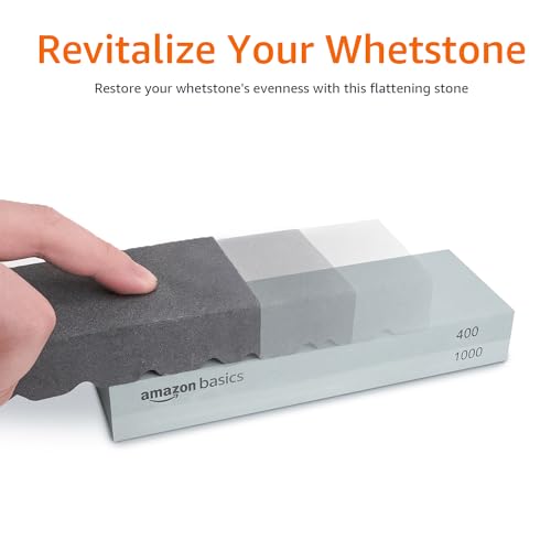 Amazon Basics Whetstone Knife Sharpening Wet Stone Dual Sided 400/1000 and 3000/8000 Grit Stones, Flattening Stone, and Non-Slip 3-PC, Bamboo Base, Black & Grey