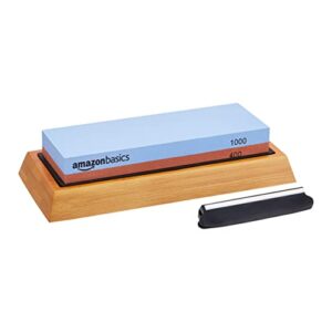 amazon basics whetstone knife sharpening wet stone dual sided 400/1000 grit with non-slip 1 pc, bamboo base, black & grey