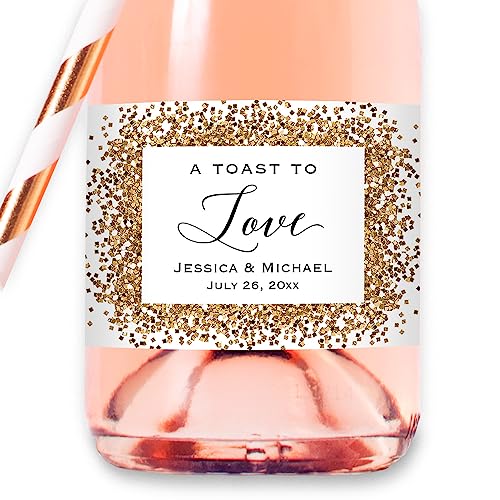 A Toast to Love - Custom Gold Glitter(Not Real Foil) Mini Champagne Bottle Label, Personalized Waterproof Mini Wine Bottle Sticker for Wedding Anniversary Bridal Shower Birthday Party