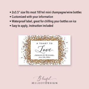 A Toast to Love - Custom Gold Glitter(Not Real Foil) Mini Champagne Bottle Label, Personalized Waterproof Mini Wine Bottle Sticker for Wedding Anniversary Bridal Shower Birthday Party