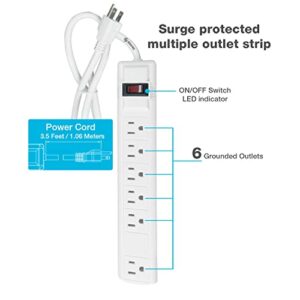 Power Strip with 3.5 Ft Cord, Powerstrip STEREN Surge Protector with 6 AC 90 Degree Spacious Outlets, 3.5 Ft Extension Cord for Home Office, Dorm Essentials 150 Joules, cUL Listed White