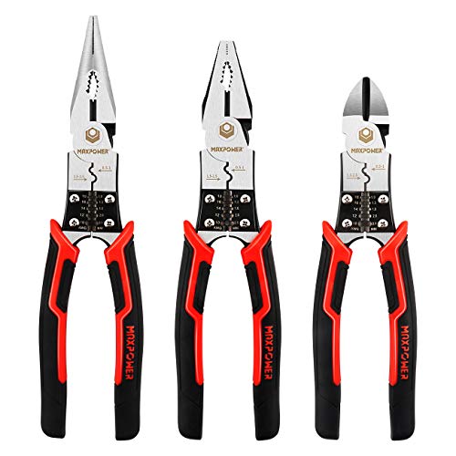 MAXPOWER 3Pcs Pliers Set, 5 in 1 Multifunctional Wire Stripper Crimper Cutter, Long Nose Pliers, Diagonal Side Cutting Pliers, Linesman Pliers 8 inch