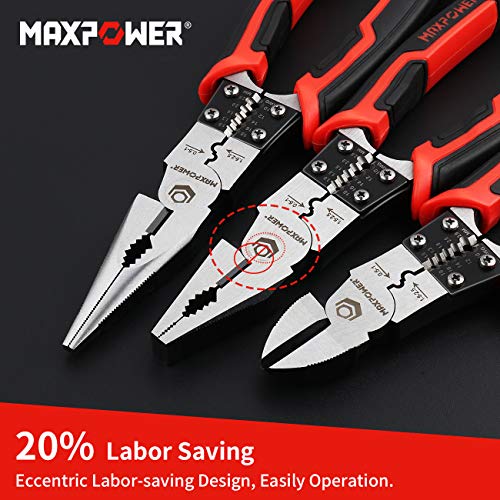 MAXPOWER 3Pcs Pliers Set, 5 in 1 Multifunctional Wire Stripper Crimper Cutter, Long Nose Pliers, Diagonal Side Cutting Pliers, Linesman Pliers 8 inch