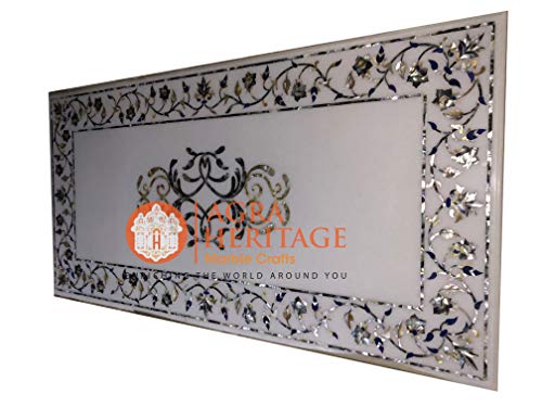 White Marble Dining Inlay Table Top Mother of Pearl Lapis Lazuli Inlay Floral Handicraft Design Decor