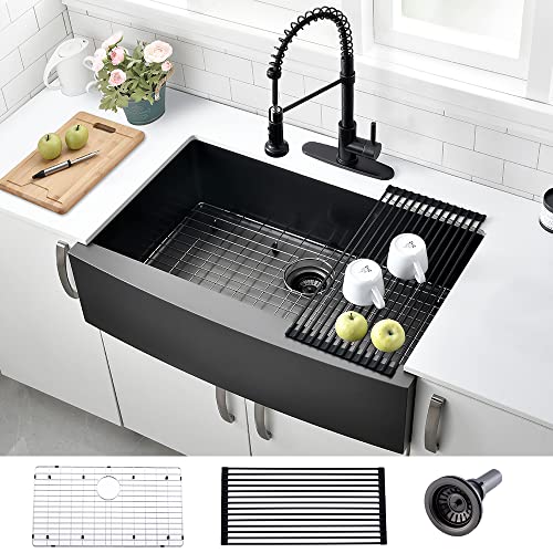 33 Inch Farmhouse Sink Black- VOKIM 33 Inch Black Stainless Stee Farmhouse Sink Apron Curved Front kitchen Sink 16 Gauge Single Bowl Gunmetal Matte Black Stainless Steel Kitchen Sink