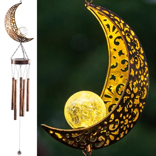 LeiDrail Solar Wind Chimes, Moon Wind Chime Crackle Glass Ball Warm LED Light, Outside Hanging Outdoor Decor with Metal Tubes Unique Memorial Sympathy Gift for Wife Mom Grandma