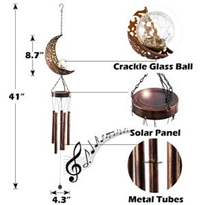 LeiDrail Solar Wind Chimes, Moon Wind Chime Crackle Glass Ball Warm LED Light, Outside Hanging Outdoor Decor with Metal Tubes Unique Memorial Sympathy Gift for Wife Mom Grandma