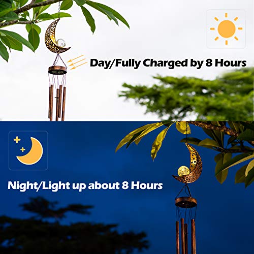 LeiDrail Solar Wind Chimes, Moon Wind Chime Crackle Glass Ball Warm LED Light, Outside Hanging Outdoor Decor with Metal Tubes Unique Memorial Sympathy Gift for Wife Mom Grandma