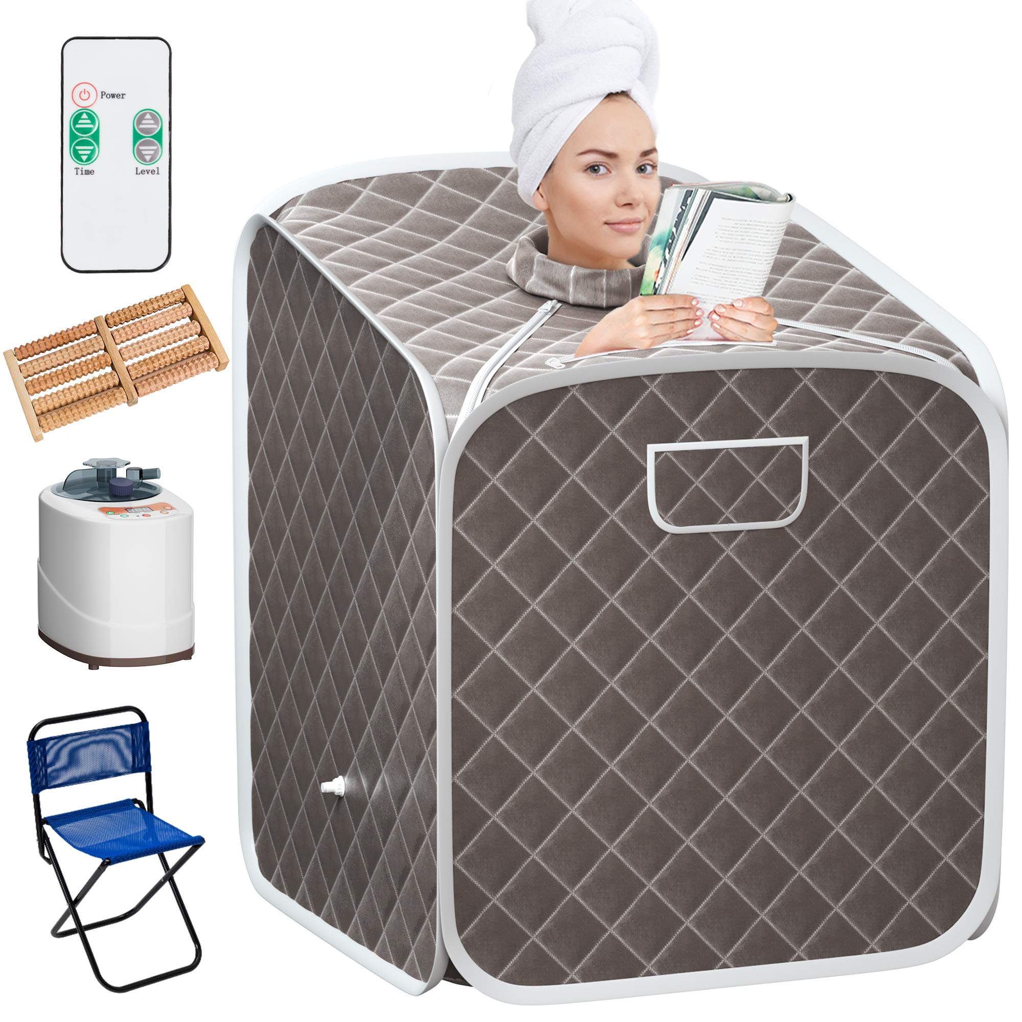 Giantex Portable Steam Sauna Spa 2L Folding Private Sauna Tent W/Chair Foot, Massage Roller, Absorbent Pad,9 Adjustable Temperature Levels for Stress Fatigue 33 x 33x 42 Inch (Gray)