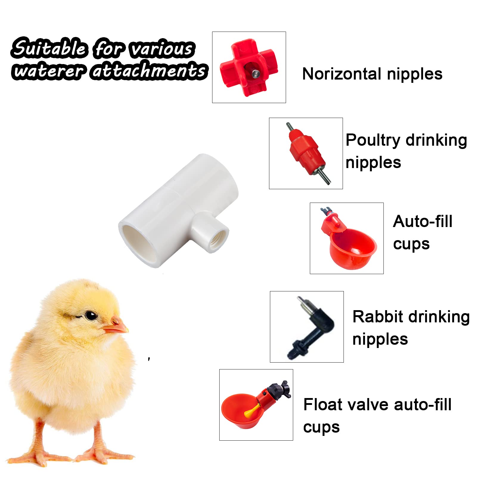 Pack of 20 Chicken Waterer PVC Tee Fittings- Fully Automatic for Threaded Poultry Nipples Chicken Water Drinker and Feeder Cups, White