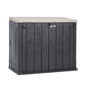toomax stora way horizontal outdoor storage shed cabinet for trash cans, gardening tools, and yard equipment, taupe gray/brown