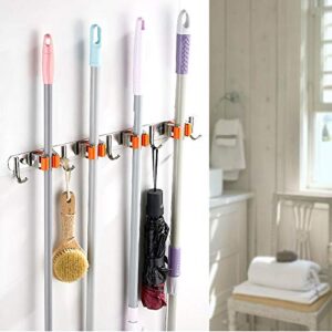 Broom Mop Holder Wall Mount Garage Storage Stainless Steel Heavy Duty Tools Hanger with 4 Racks 5 Hooks