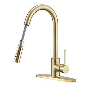 besy gold single handle kitchen sink faucet with pull out sprayer,rv kitchen faucet with pull down sprayer, 2 function laundry faucet, brass/brushed gold(1 or 3 hole mount)