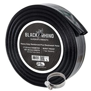 u.s. pool supply black rhino 2" x 100' pool backwash hose with hose clamp - extra heavy duty superior strength, thick 1.2mm (47 mils) - weather burst resistant - drain clean swimming pools and filters