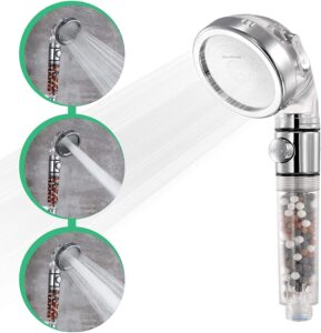 filtered shower head by stonestream, original ecopower high pressure shower head with hard water filter and on/off switch and spa like ionic beads for dry skin & hair —3 spray settings