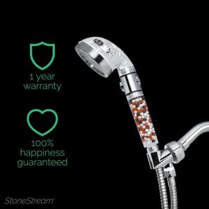 Filtered Shower Head by StoneStream, Original EcoPower High Pressure Shower head with Hard Water Filter and ON/OFF switch and Spa like Ionic beads for Dry Skin & Hair —3 Spray Settings