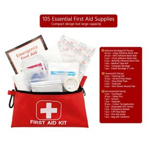 Small First Aid Kit - 105 Pieces Emergency Survival Supplies Aid Kits for Car, Home, School, Office, Sports, Traveling, Hiking, Camping, Exploring, Hunting