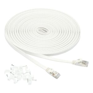 amazon basics rj45 cat 7 ethernet patch cable, flat, 600mhz, snagless, includes 15 nails, 30 foot, white