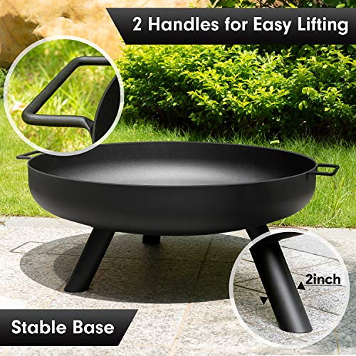 AMAGABELI GARDEN & HOME Fire Pit Outdoor Cast Iron Wood Burning Fire Bowl 28in with A Drain Hole Fireplace Extra Deep Large Round Outside Backyard Deck Camping Heavy Duty Metal Grate Rustproof BG368