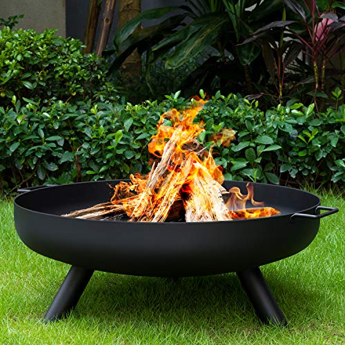 AMAGABELI GARDEN & HOME Fire Pit Outdoor Cast Iron Wood Burning Fire Bowl 28in with A Drain Hole Fireplace Extra Deep Large Round Outside Backyard Deck Camping Heavy Duty Metal Grate Rustproof BG368