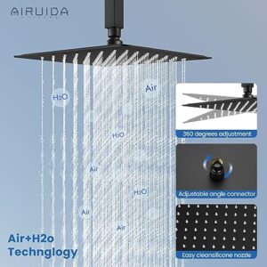 Airuida Matte Black 12 Inch Rainfall Shower System, Ceiling Mount Shower Faucet, Bathroom Shower Fixture with SUS304 Ultra-thin Rainfall Shower Head, Brass Handheld Shower Mixer with Rough-in Valve