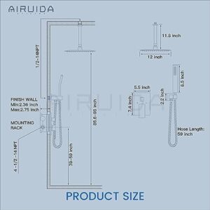 Airuida Matte Black 12 Inch Rainfall Shower System, Ceiling Mount Shower Faucet, Bathroom Shower Fixture with SUS304 Ultra-thin Rainfall Shower Head, Brass Handheld Shower Mixer with Rough-in Valve