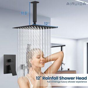 Airuida Matte Black 12 Inch Rainfall Shower System, Ceiling Mount Shower Faucet, Bathroom Shower Fixture with SUS304 Ultra-thin Rainfall Shower Head, Brass Handheld Shower Mixer with Rough-in Valve